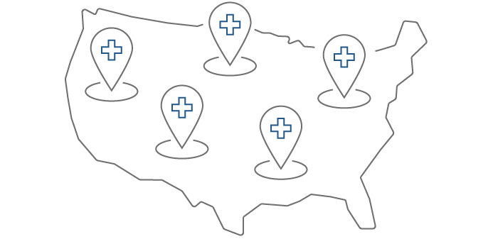 Map of the US with location pins scattered about