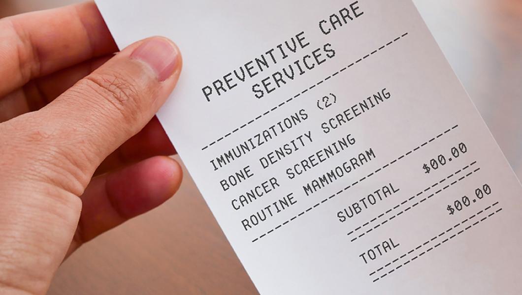 Preventive care receipt shows zero cost